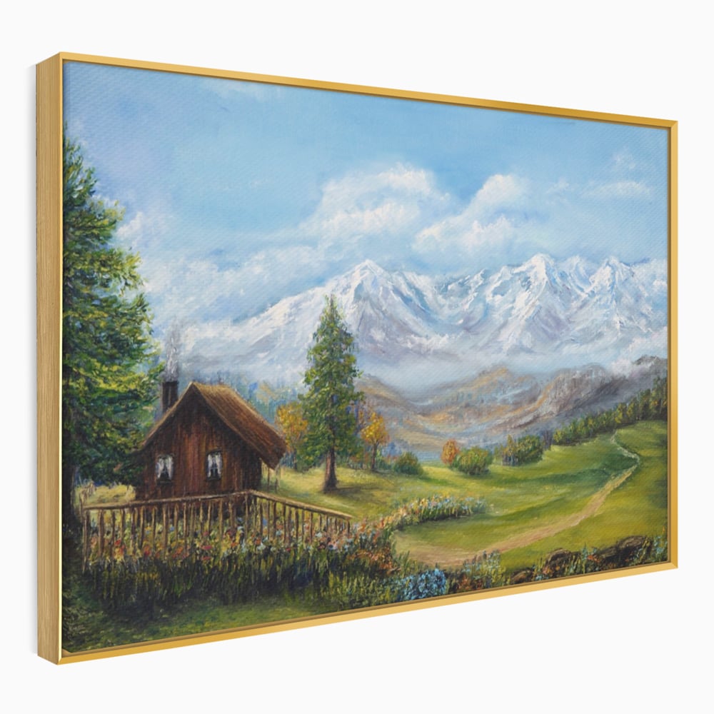 Tablou canvas cu tablou canvas cu peisaj montan si cabana, in rama de aluminiu auriu
